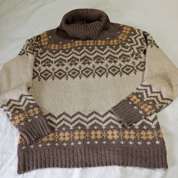 Becool Women's Fair Isle  M/L Cream/Taupe Cowl Neck Ski Style Tunic Sweater - Picture 4 of 12